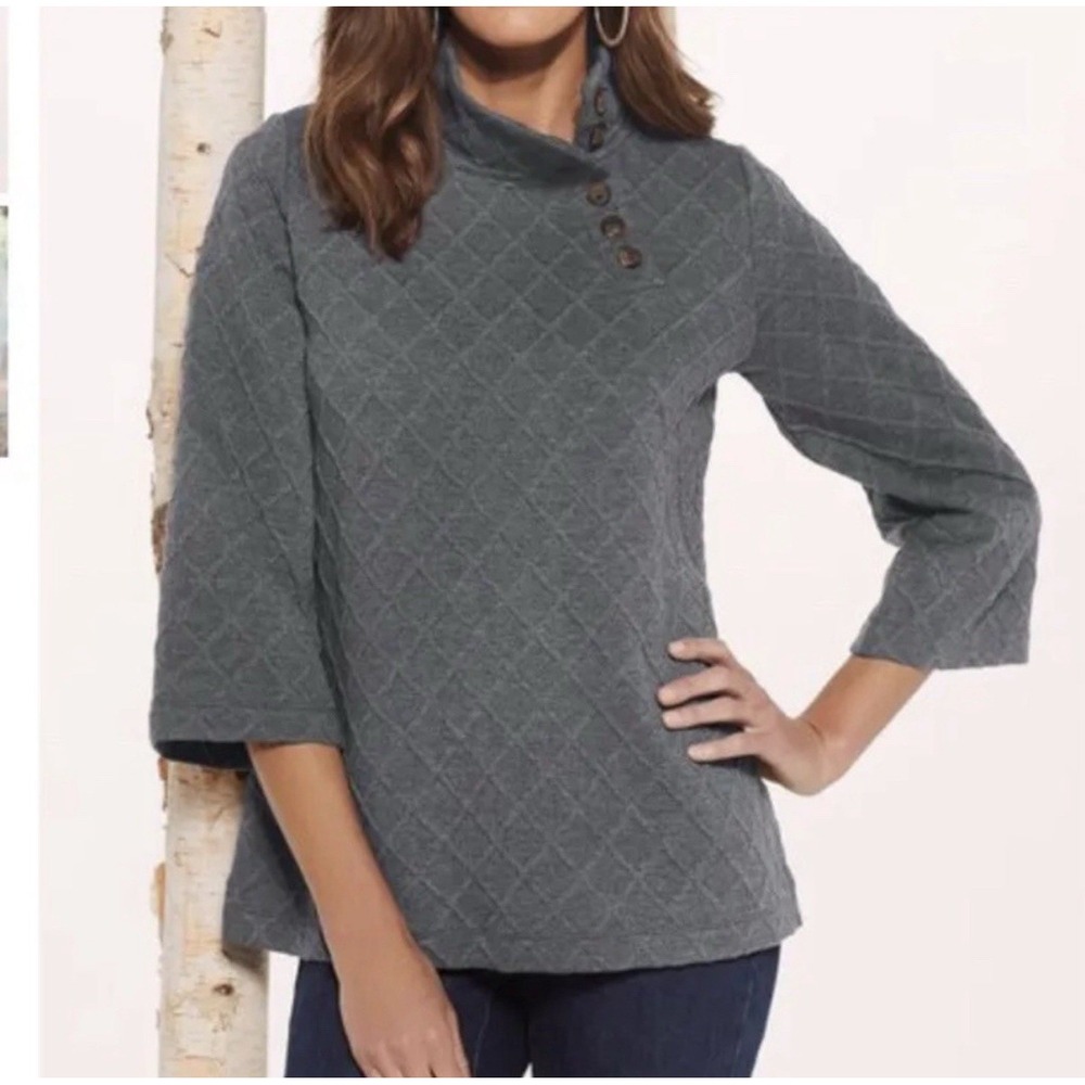 Soft Surroundings‎ Boxy Chunky Sweater L Cozy Lagenlook Button Up Funnel Neck